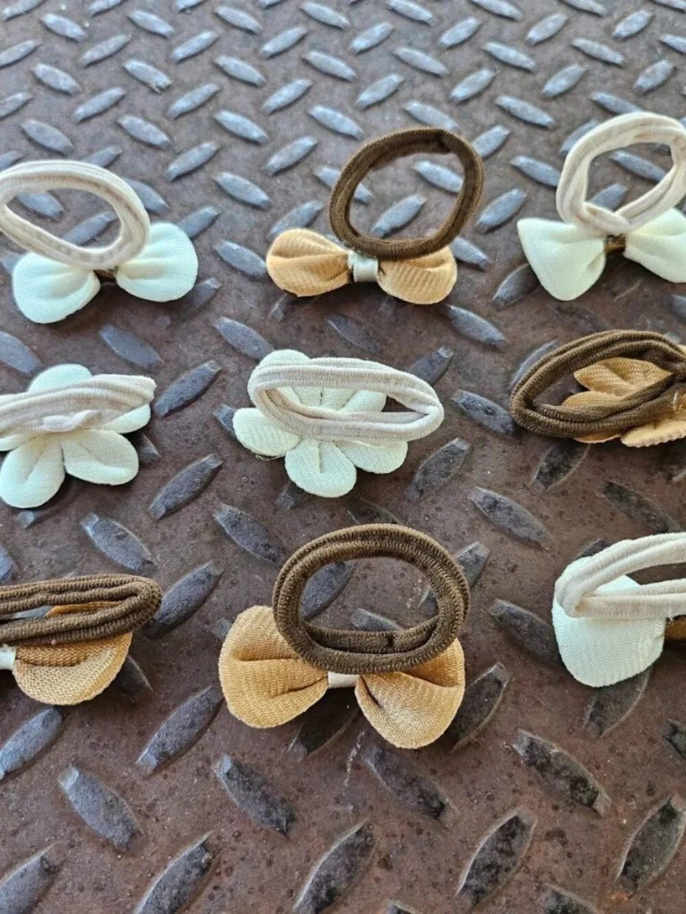 Girl Hair Ties Brown/Tan/Beige Tone Hair Accessories Flower Bow Style set of 9